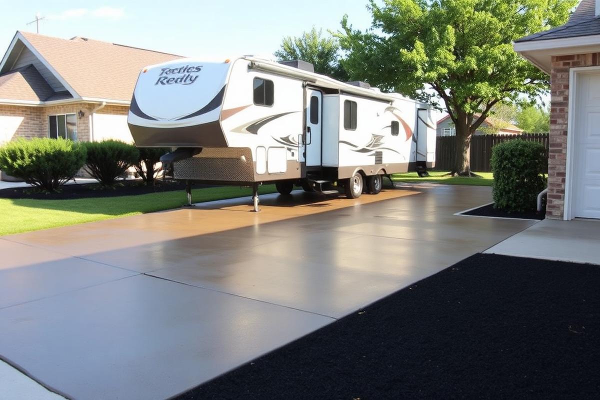 Concrete RV pad with a travel trailer parked beside a home in Killeen, Texas