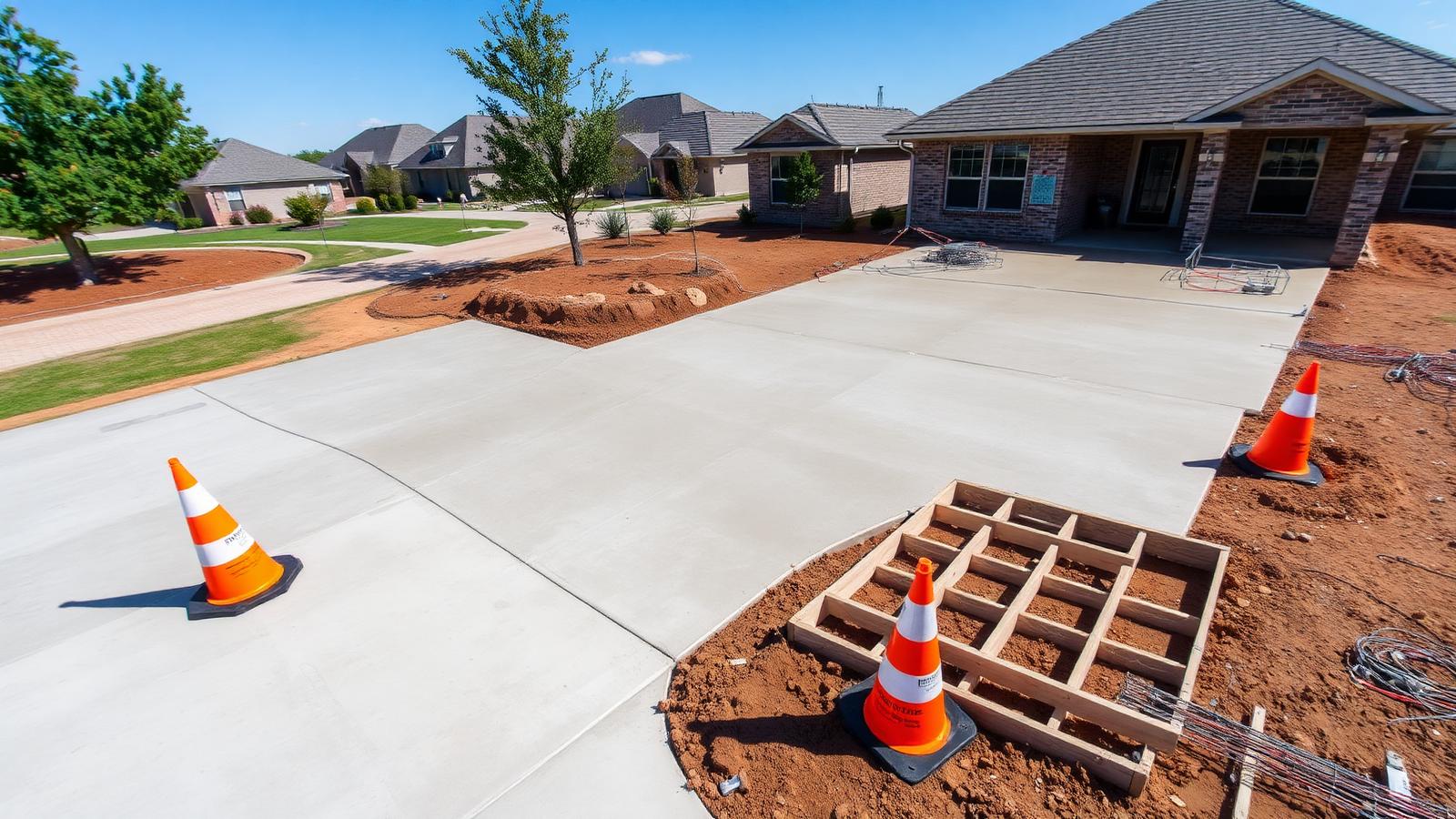 Aerial view of a residential concrete driveway under construction in a Central Texas neighborhood
