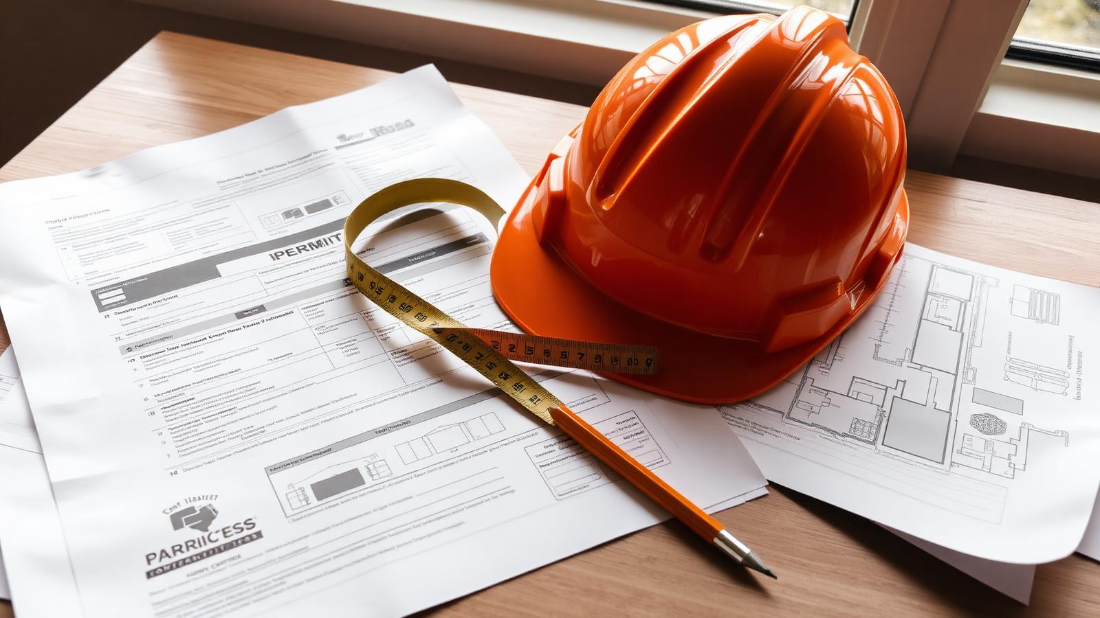 Building permit documents and blueprints on a wooden desk with construction tools in warm Central Texas sunlight
