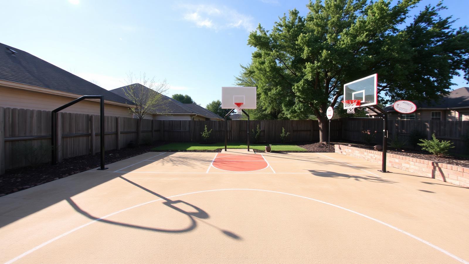 Multi-purpose backyard concrete sport court with basketball hoops and pickleball lines