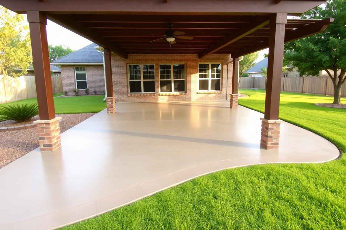 Finished concrete patio under a covered pergola at a home in Temple, Texas
